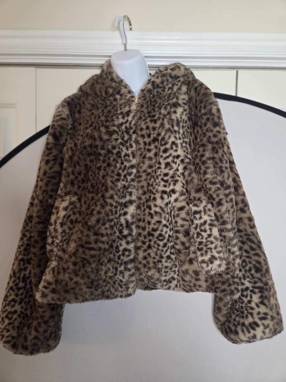 Me Jane Leopard Print Faux Fur Hooded Jacket - Brown/Cream